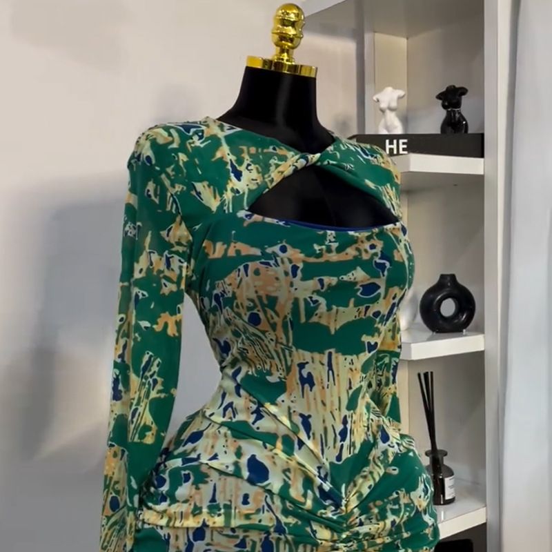 New Product Selection: European and American Women's Clothing 2025 Spring New Collection Sweet and Fresh Printed Hollow Collar Long Sleeve High Waist slimming Bag Hip Dress