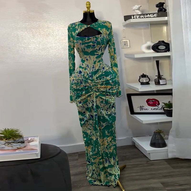 New Product Selection: European and American Women's Clothing 2025 Spring New Collection Sweet and Fresh Printed Hollow Collar Long Sleeve High Waist slimming Bag Hip Dress