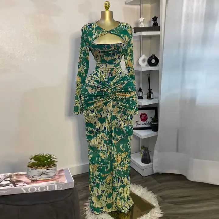 New Product Selection: European and American Women's Clothing 2025 Spring New Collection Sweet and Fresh Printed Hollow Collar Long Sleeve High Waist slimming Bag Hip Dress