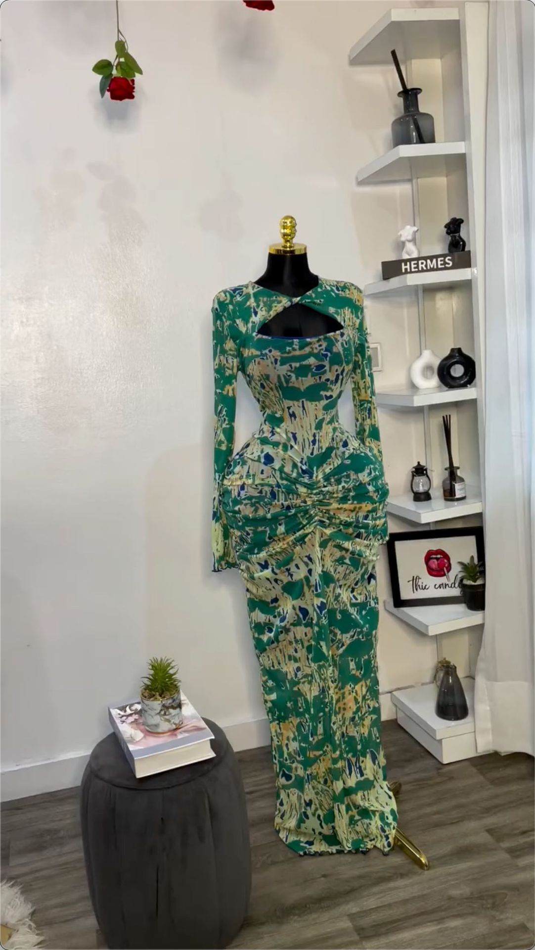 New Product Selection: European and American Women's Clothing 2025 Spring New Collection Sweet and Fresh Printed Hollow Collar Long Sleeve High Waist slimming Bag Hip Dress