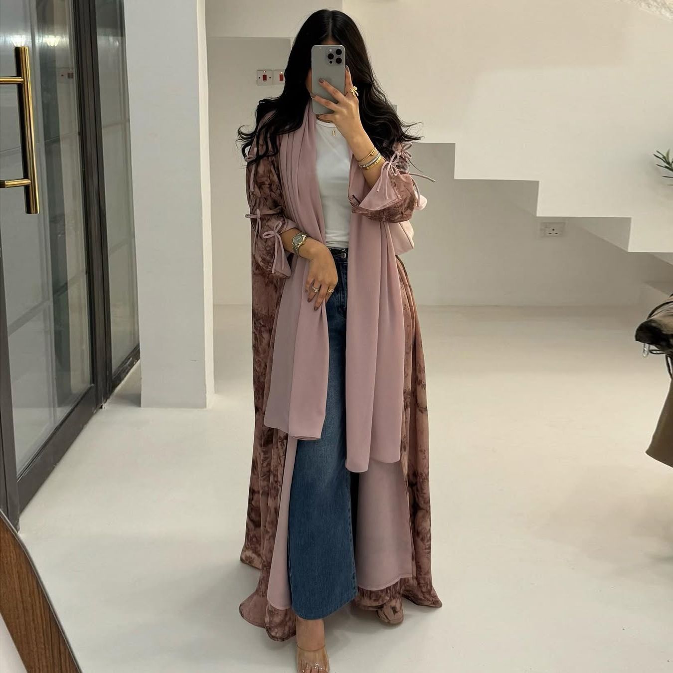 New Product Selection MQ181 Modest Fashion Women's Wear Muslim Chiffon Printed Two Piece Set with Headscarf Summer Casual Coat