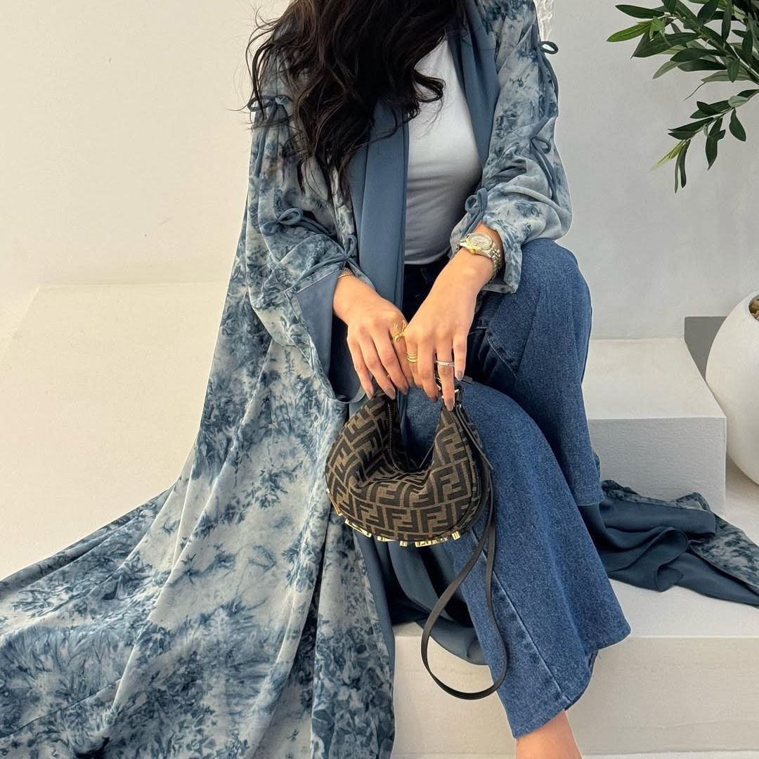 New Product Selection MQ181 Modest Fashion Women's Wear Muslim Chiffon Printed Two Piece Set with Headscarf Summer Casual Coat