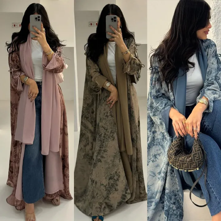 New Product Selection MQ181 Modest Fashion Women's Wear Muslim Chiffon Printed Two Piece Set with Headscarf Summer Casual Coat