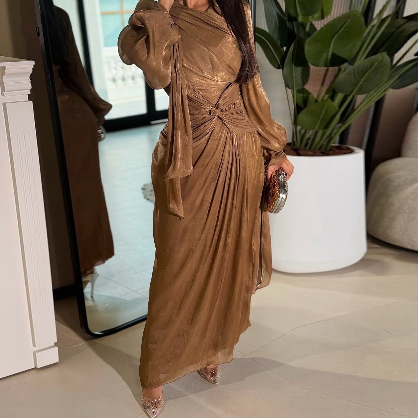 New Product Selection: MQ176 Amazon Long Dress, Middle East Dubai Robe Dress, Cross border Foreign Trade Women's Dress, Shining and Folding Waist Dress