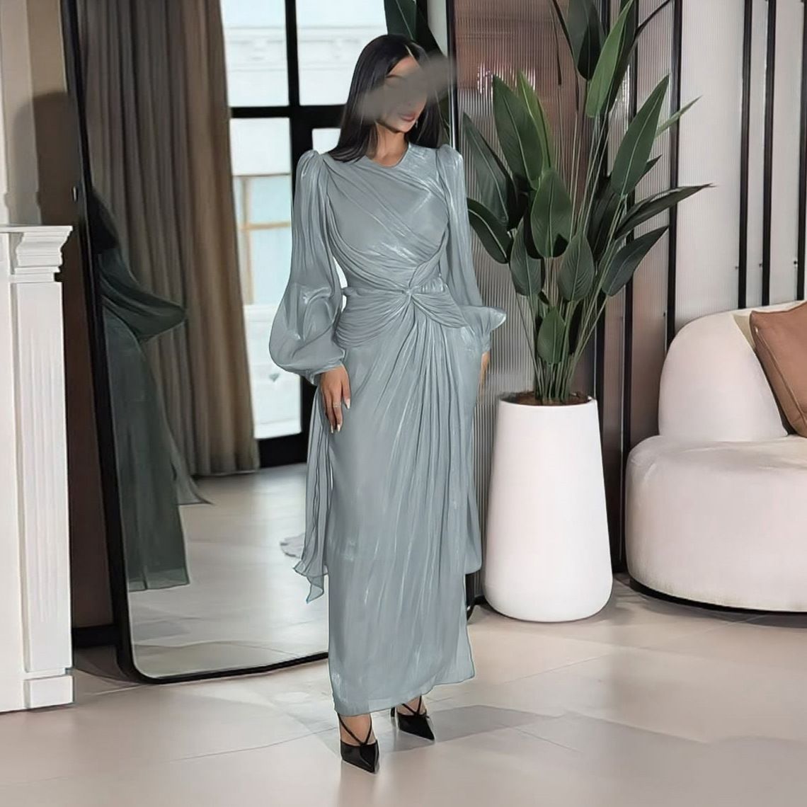 New Product Selection: MQ176 Amazon Long Dress, Middle East Dubai Robe Dress, Cross border Foreign Trade Women's Dress, Shining and Folding Waist Dress