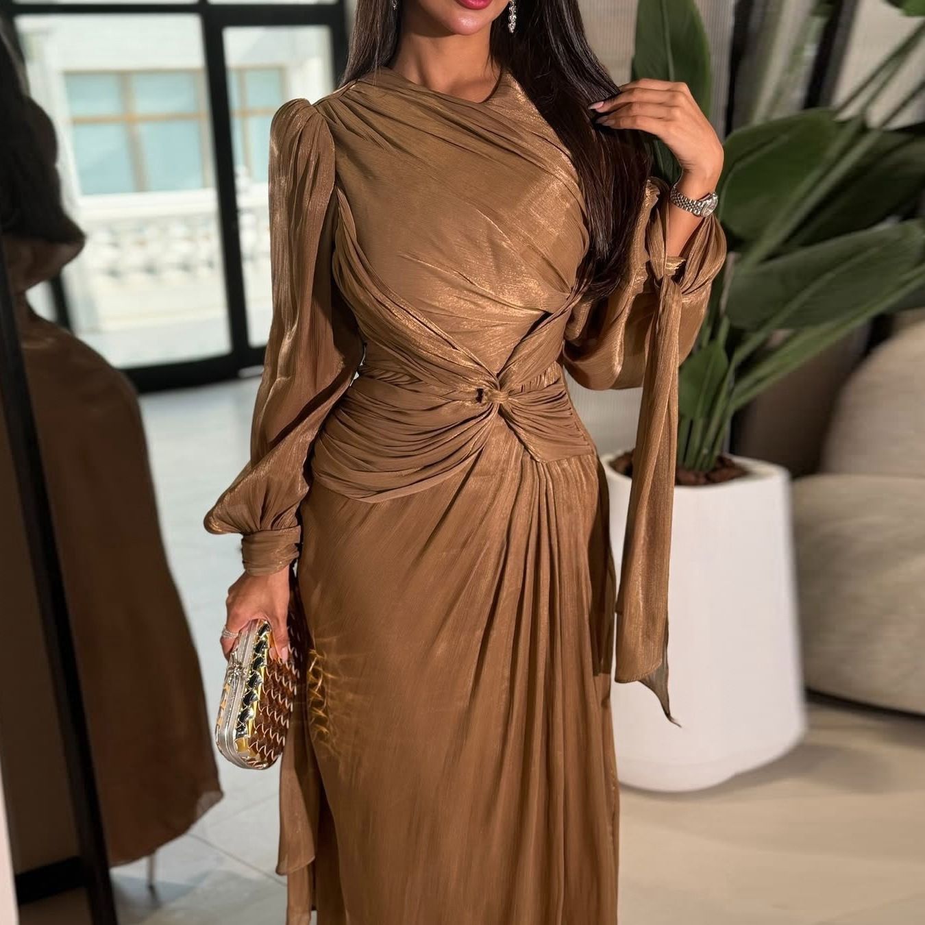 New Product Selection: MQ176 Amazon Long Dress, Middle East Dubai Robe Dress, Cross border Foreign Trade Women's Dress, Shining and Folding Waist Dress