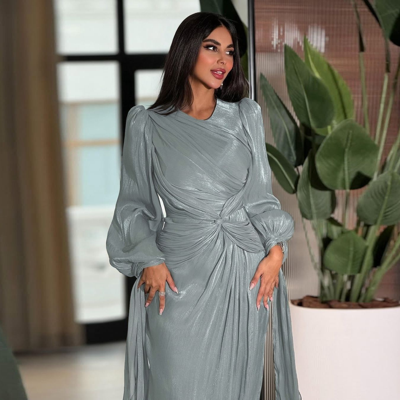 New Product Selection: MQ176 Amazon Long Dress, Middle East Dubai Robe Dress, Cross border Foreign Trade Women's Dress, Shining and Folding Waist Dress