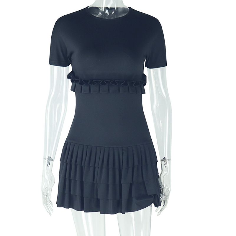 New product selection: European and American style, foreign trade women's fashion, solid color, tight fitting, sweet and fresh pleated skirt, short sleeved round neck short dress, Dress