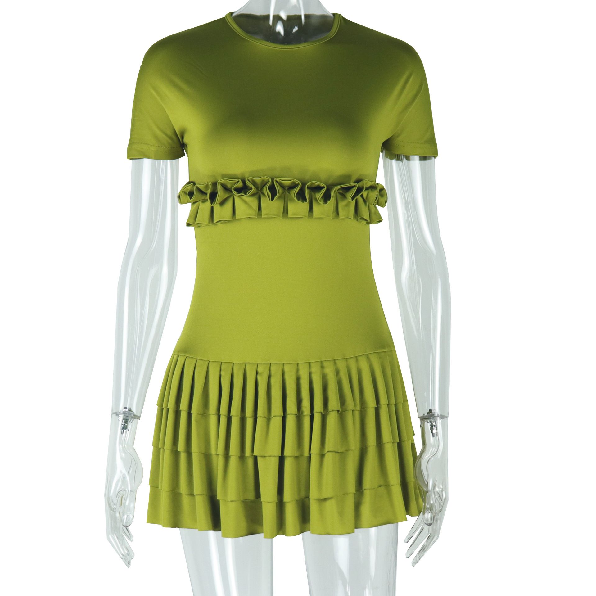 New product selection: European and American style, foreign trade women's fashion, solid color, tight fitting, sweet and fresh pleated skirt, short sleeved round neck short dress, Dress