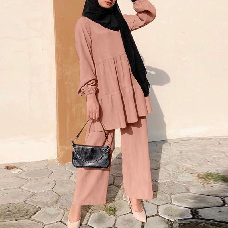 New Product Selection: Women's Fashion Muslim Hoodie Set, Wide Leg Shirt and Pants Set, Elegant Solid Color OL Set, Autumn