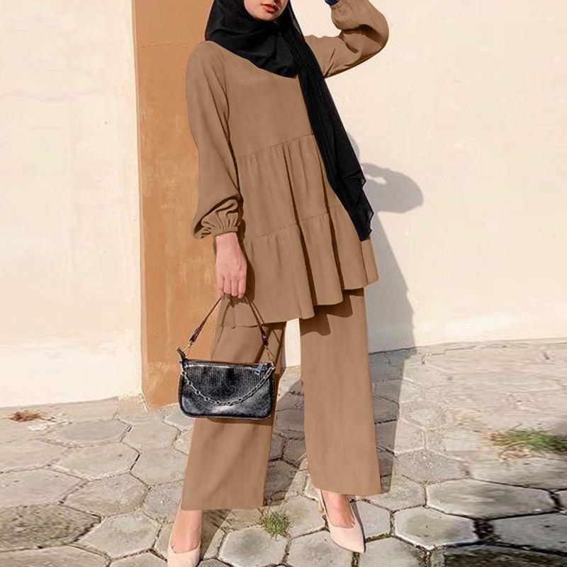 New Product Selection: Women's Fashion Muslim Hoodie Set, Wide Leg Shirt and Pants Set, Elegant Solid Color OL Set, Autumn