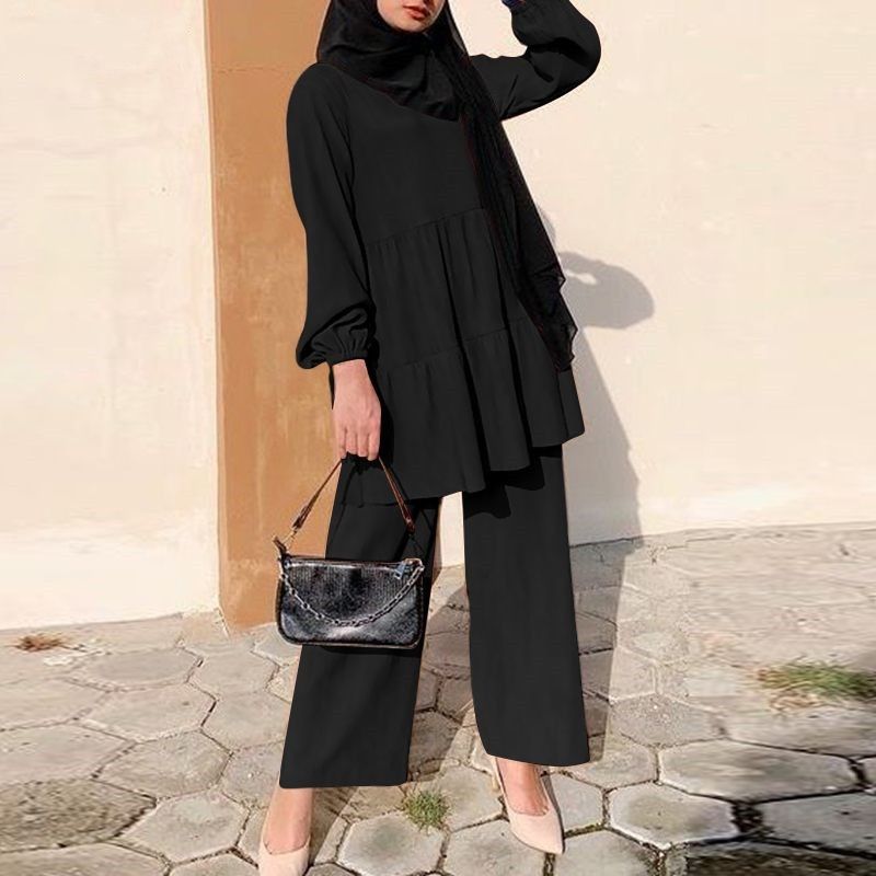 New Product Selection: Women's Fashion Muslim Hoodie Set, Wide Leg Shirt and Pants Set, Elegant Solid Color OL Set, Autumn