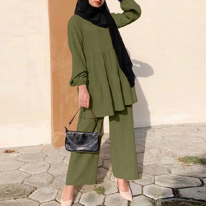 New Product Selection: Women's Fashion Muslim Hoodie Set, Wide Leg Shirt and Pants Set, Elegant Solid Color OL Set, Autumn