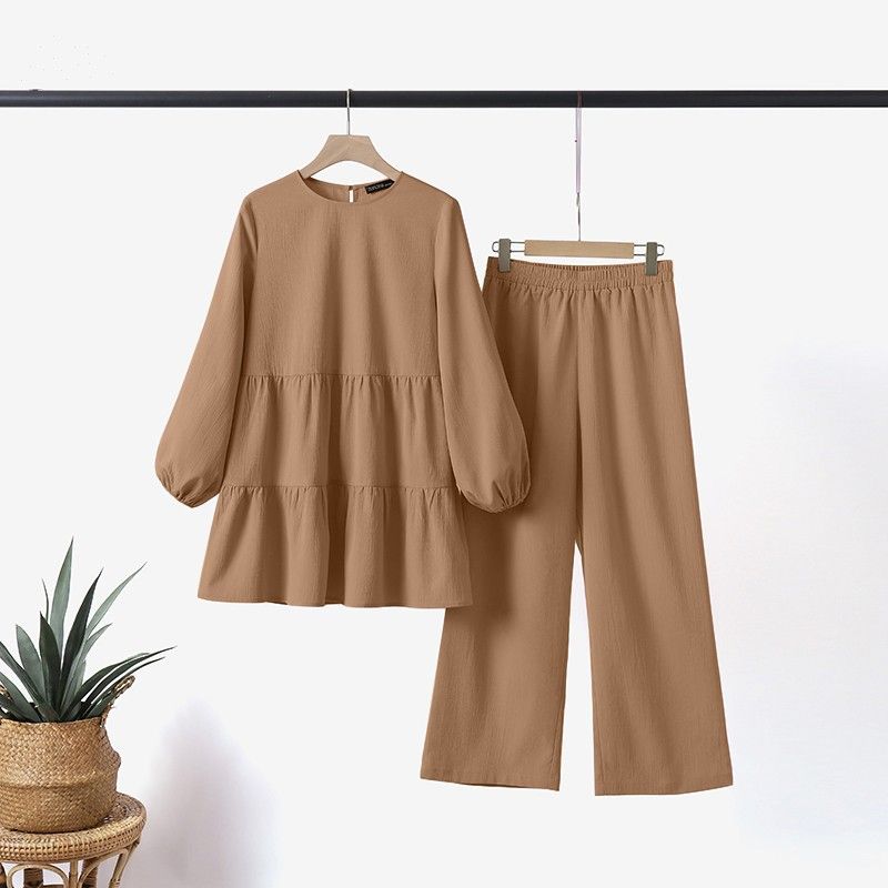 New Product Selection: Women's Fashion Muslim Hoodie Set, Wide Leg Shirt and Pants Set, Elegant Solid Color OL Set, Autumn