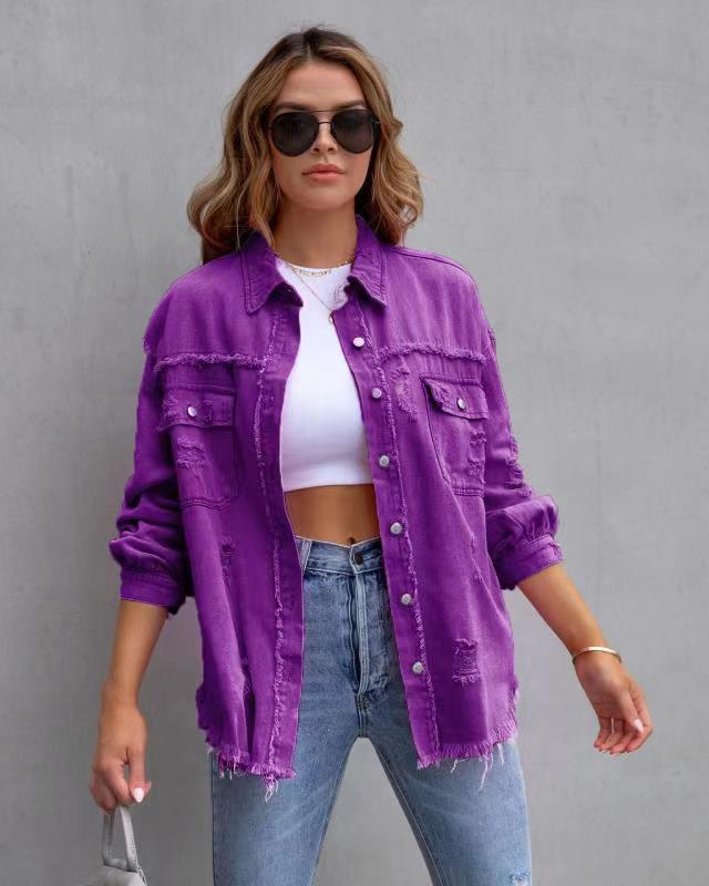 New Product Selection 2025 New European and American Style Medium Long Haired and Perforated Cowboy Coat for Women Autumn and Winter Long Sleeve Casual Collar Top