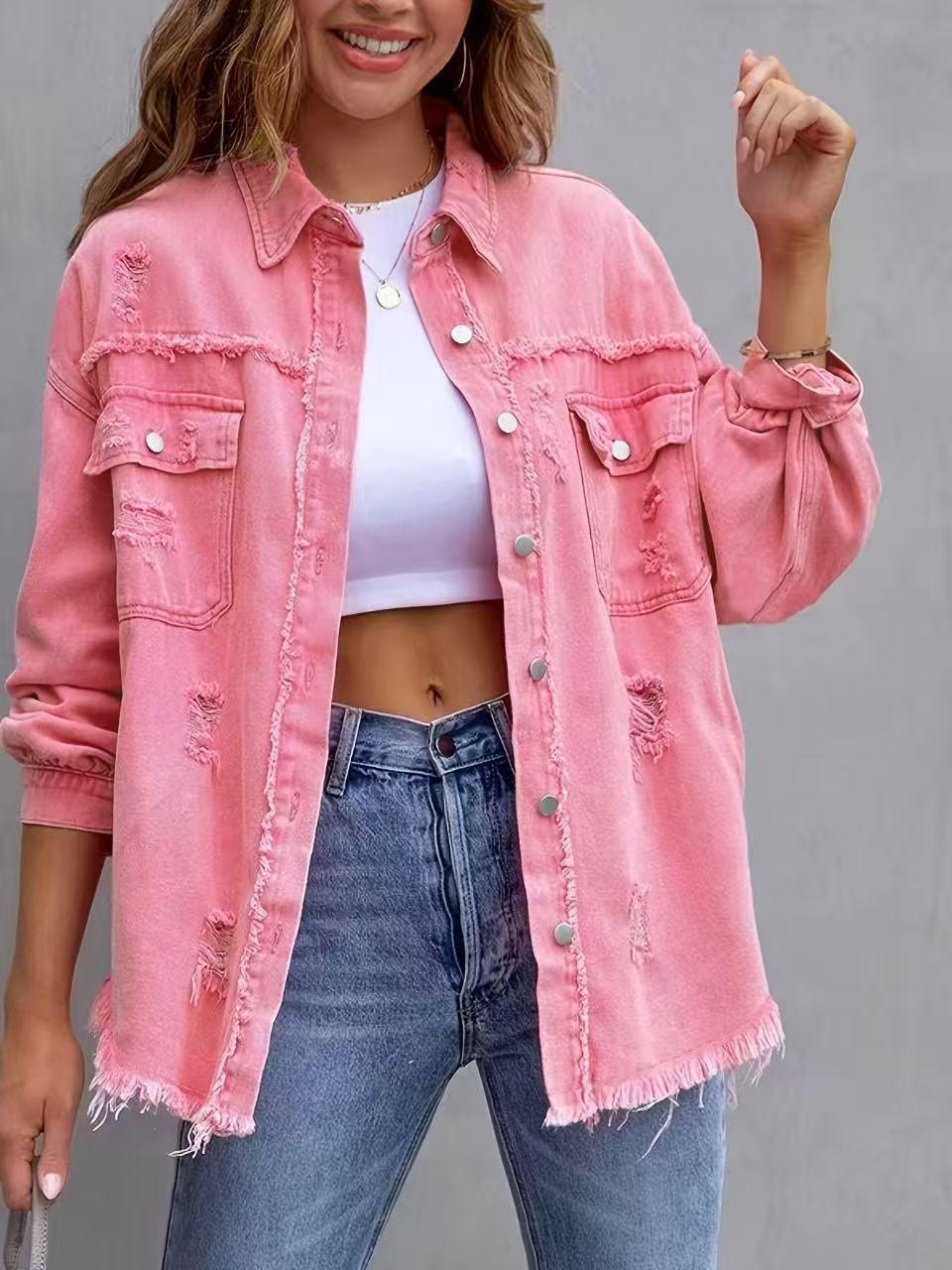 New Product Selection 2025 New European and American Style Medium Long Haired and Perforated Cowboy Coat for Women Autumn and Winter Long Sleeve Casual Collar Top