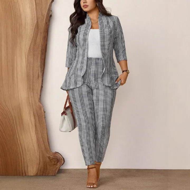 New product selection: European and American Amazon AliExpress women's plus size plaid printed casual suit jacket and pants two-piece set for autumn
