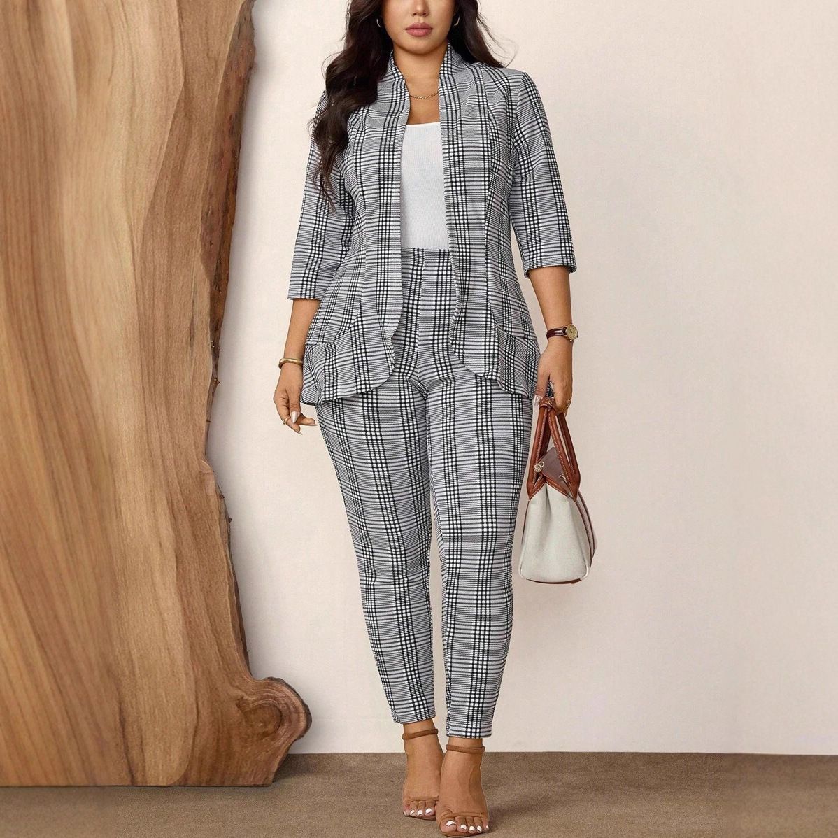 New product selection: European and American Amazon AliExpress women's plus size plaid printed casual suit jacket and pants two-piece set for autumn