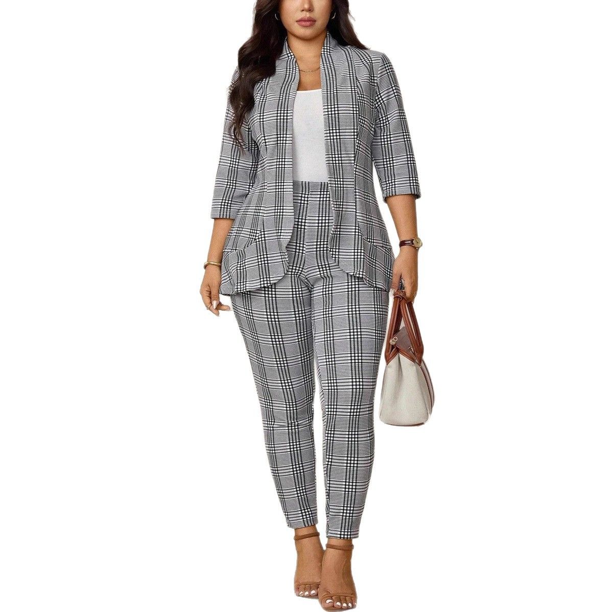 New product selection: European and American Amazon AliExpress women's plus size plaid printed casual suit jacket and pants two-piece set for autumn