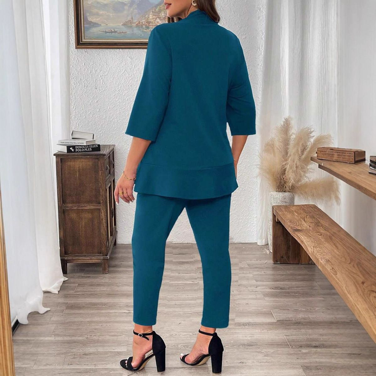 New product selection: European and American Amazon AliExpress women's plus size solid color seven quarter sleeved suit jacket and pants two-piece set for autumn