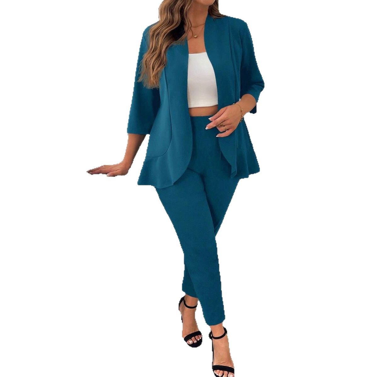 New product selection: European and American Amazon AliExpress women's plus size solid color seven quarter sleeved suit jacket and pants two-piece set for autumn