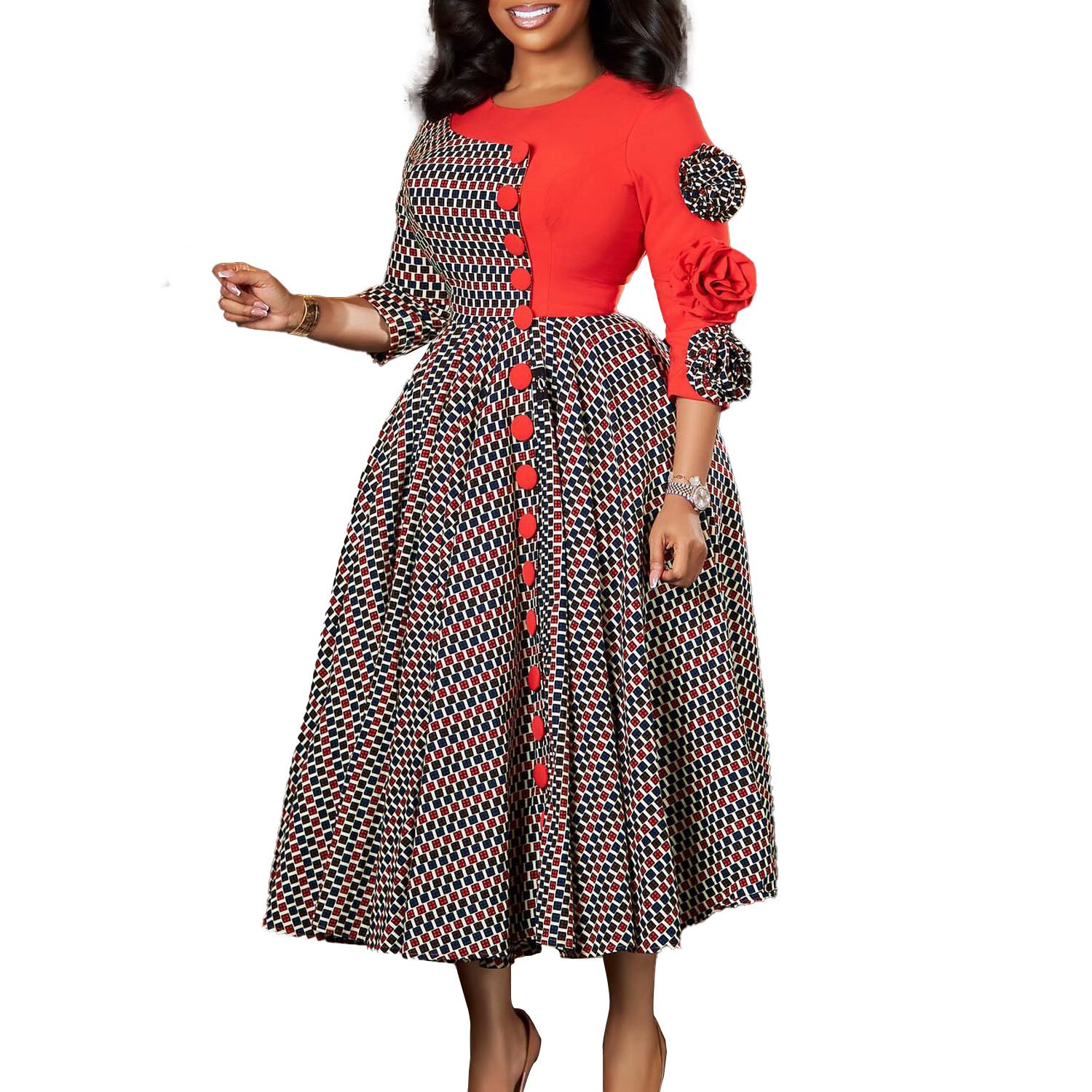 New Product Selection D598 Foreign Trade Women's Cross border New Style Fashionable and Elegant Round Neck Seven Quarter Sleeve Printed Splicing African Dress