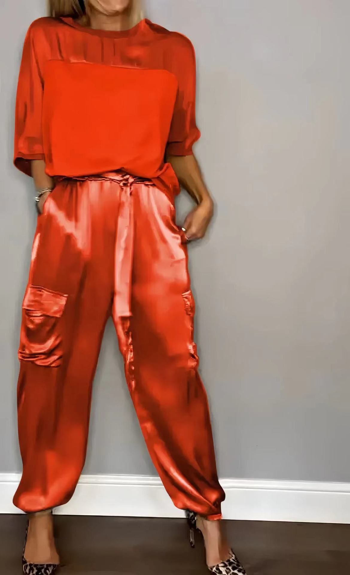 New Product Selection: 2026 Spring and Autumn New Cross border Fashion Women's Solid Color Smooth Satin Half Sleeve Top Two Piece Set for Women