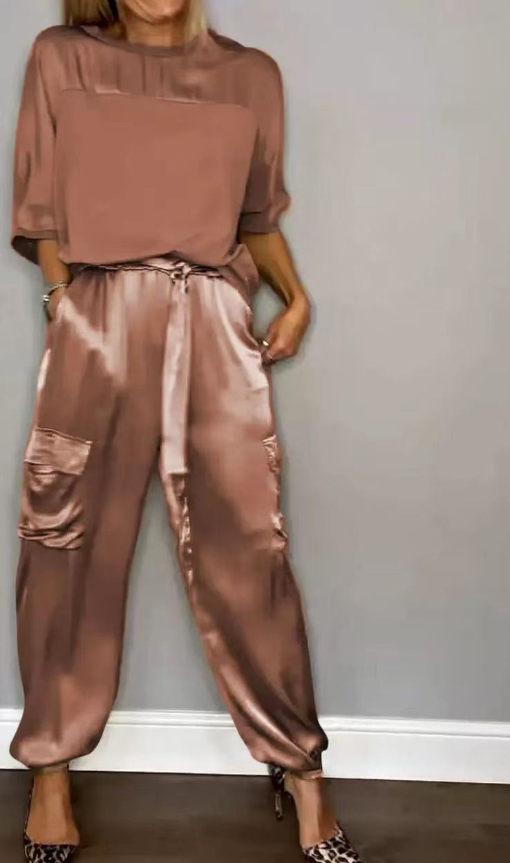 New Product Selection: 2026 Spring and Autumn New Cross border Fashion Women's Solid Color Smooth Satin Half Sleeve Top Two Piece Set for Women
