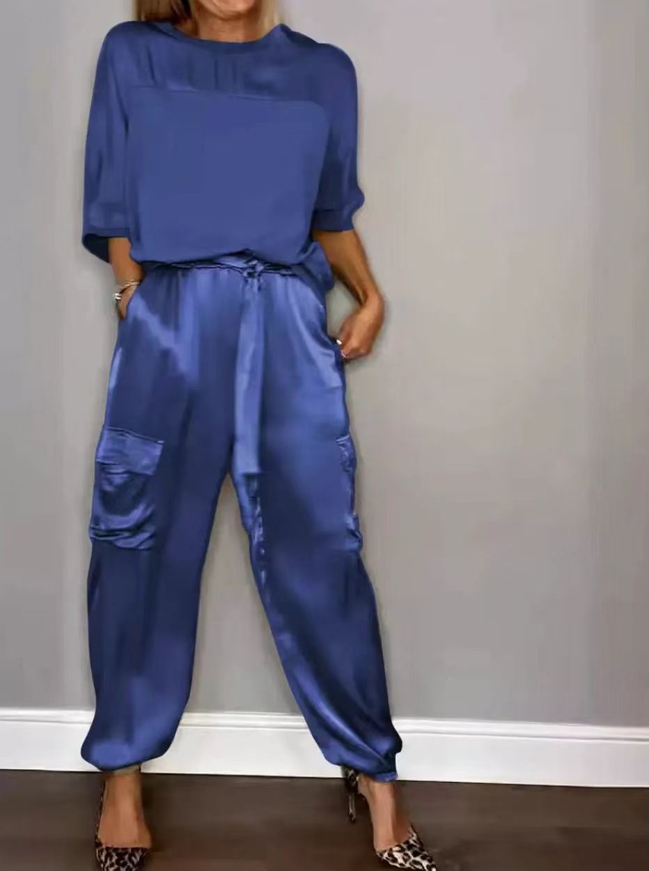 New Product Selection: 2026 Spring and Autumn New Cross border Fashion Women's Solid Color Smooth Satin Half Sleeve Top Two Piece Set for Women
