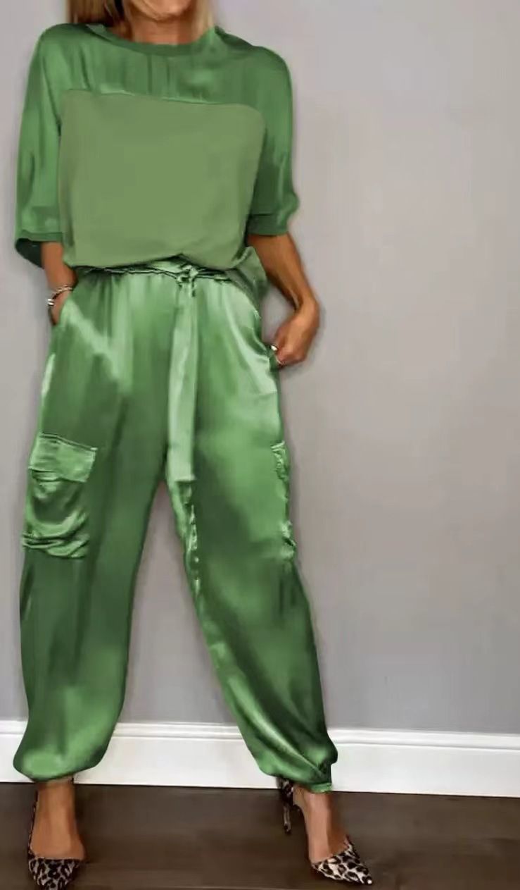 New Product Selection: 2026 Spring and Autumn New Cross border Fashion Women's Solid Color Smooth Satin Half Sleeve Top Two Piece Set for Women