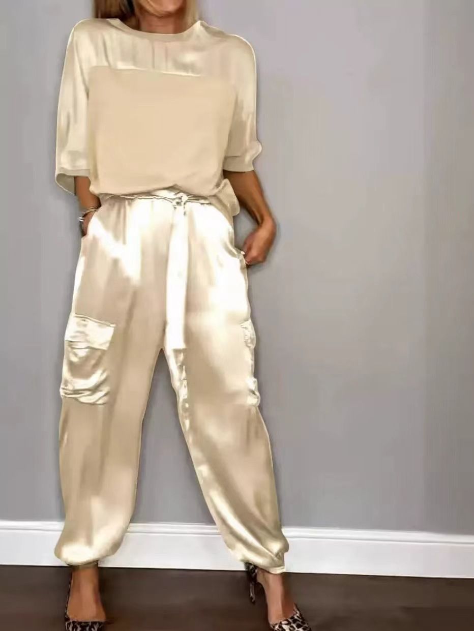 New Product Selection: 2026 Spring and Autumn New Cross border Fashion Women's Solid Color Smooth Satin Half Sleeve Top Two Piece Set for Women