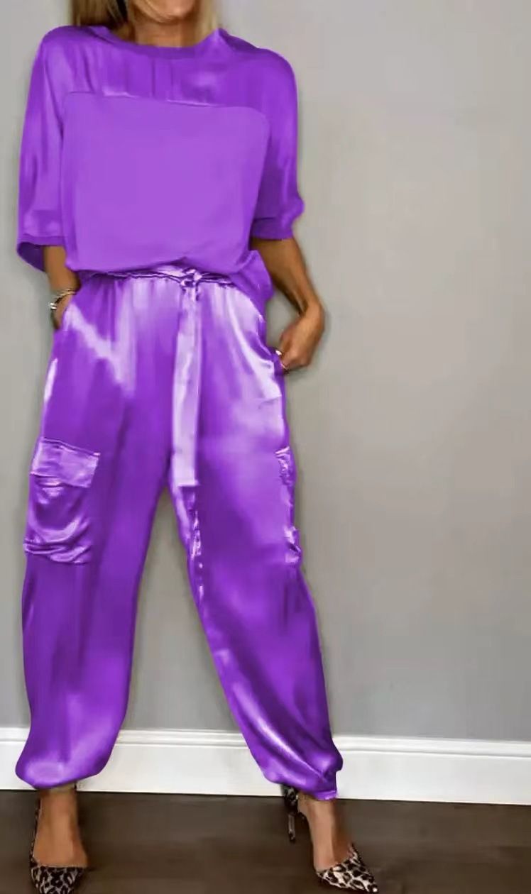 New Product Selection: 2026 Spring and Autumn New Cross border Fashion Women's Solid Color Smooth Satin Half Sleeve Top Two Piece Set for Women