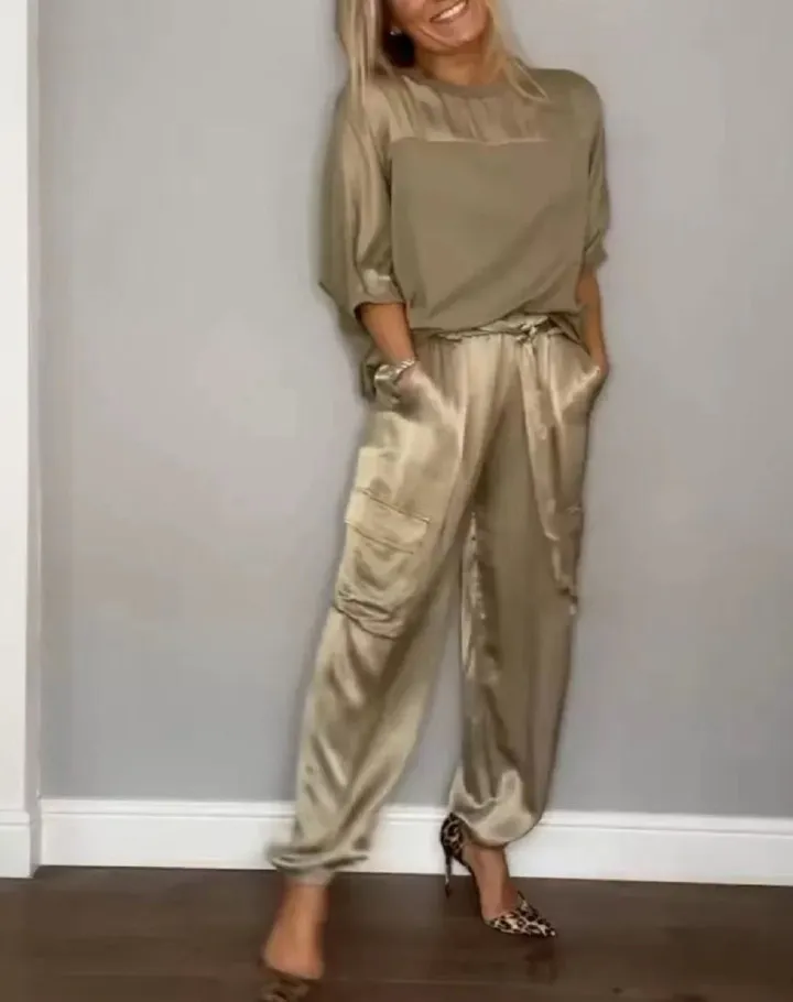 New Product Selection: 2026 Spring and Autumn New Cross border Fashion Women's Solid Color Smooth Satin Half Sleeve Top Two Piece Set for Women