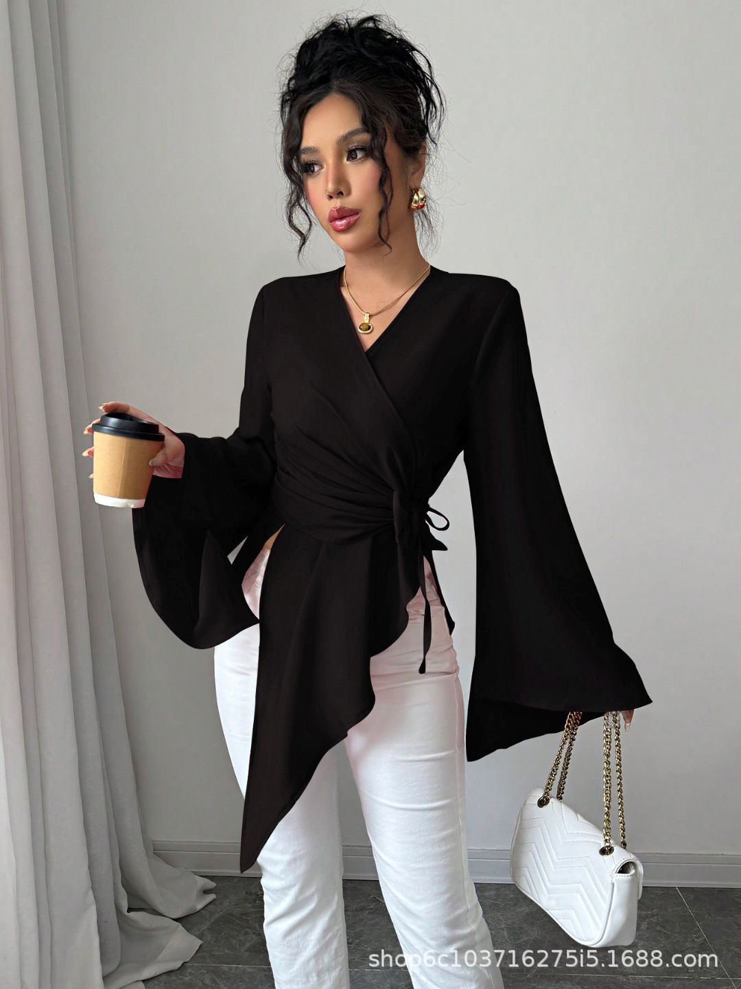 New Product Selection: Fashionable Cross border Women's Clothing from Europe and America, 2026 Spring and Autumn Collection, Light Mature Style Silk Top, Women's Spring and Autumn Design, Strap V-neck