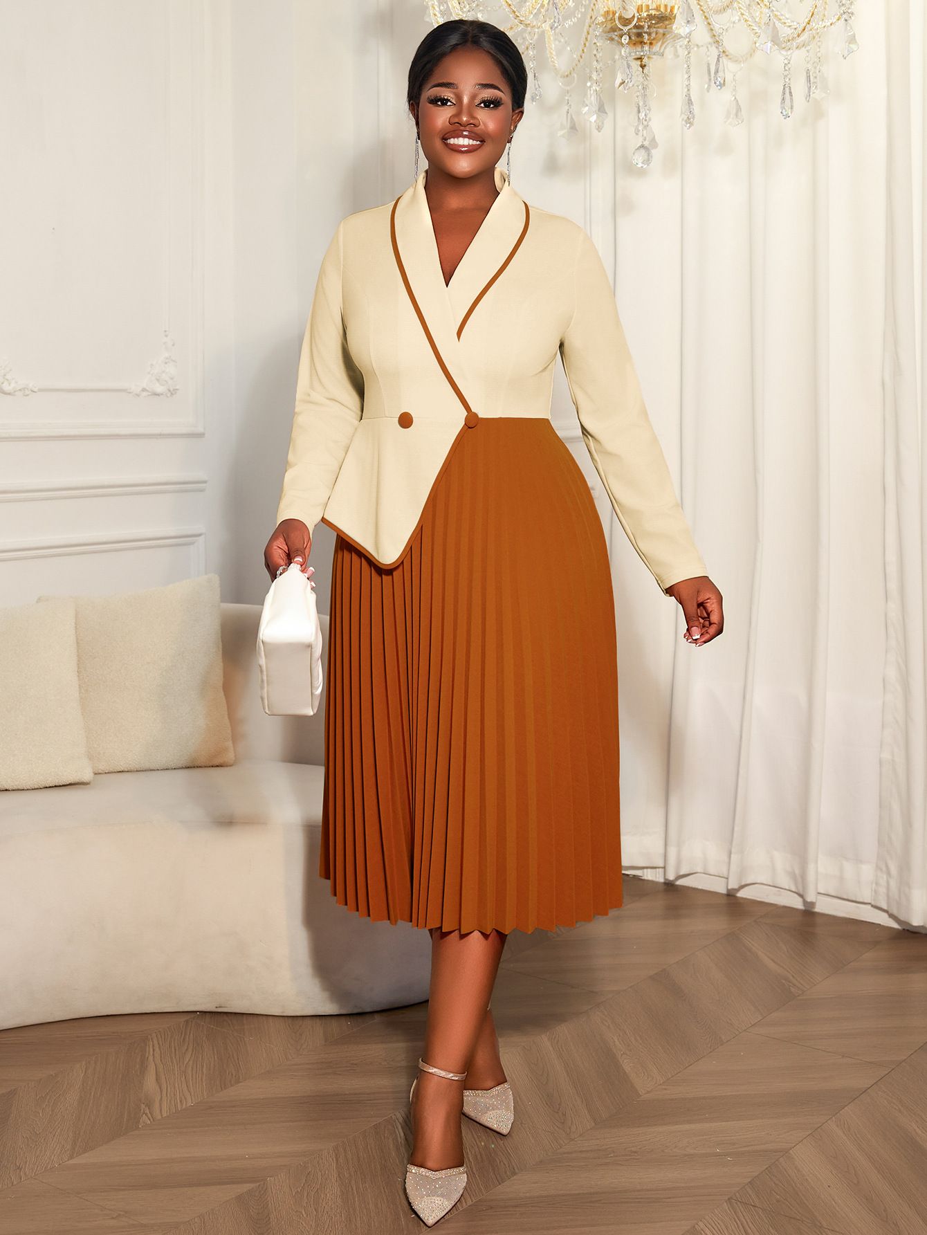 New product selection: plus size women's contrasting long sleeved fake two-piece dress with lapel style, commuting pleated skirt, office dress