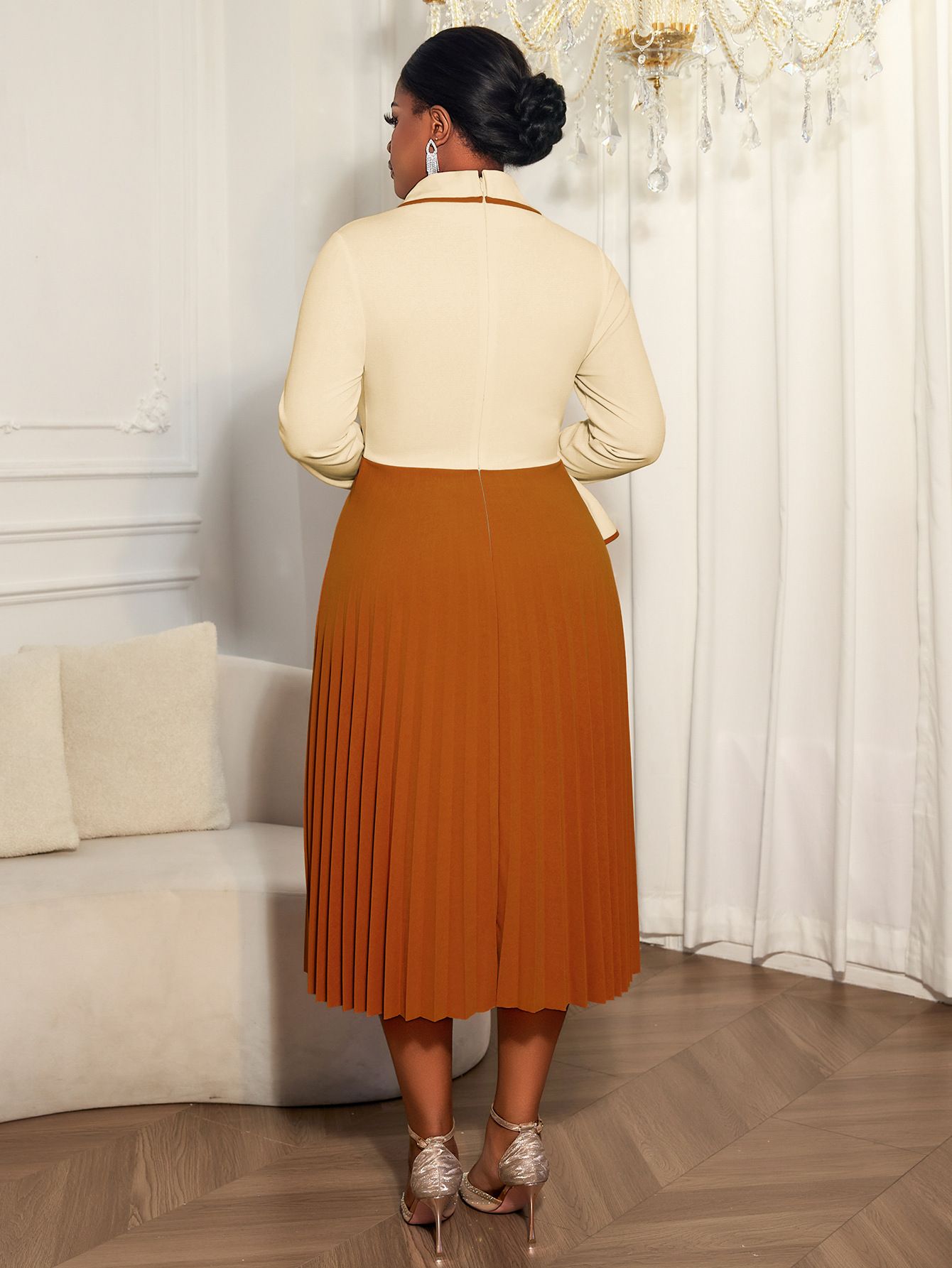 New product selection: plus size women's contrasting long sleeved fake two-piece dress with lapel style, commuting pleated skirt, office dress