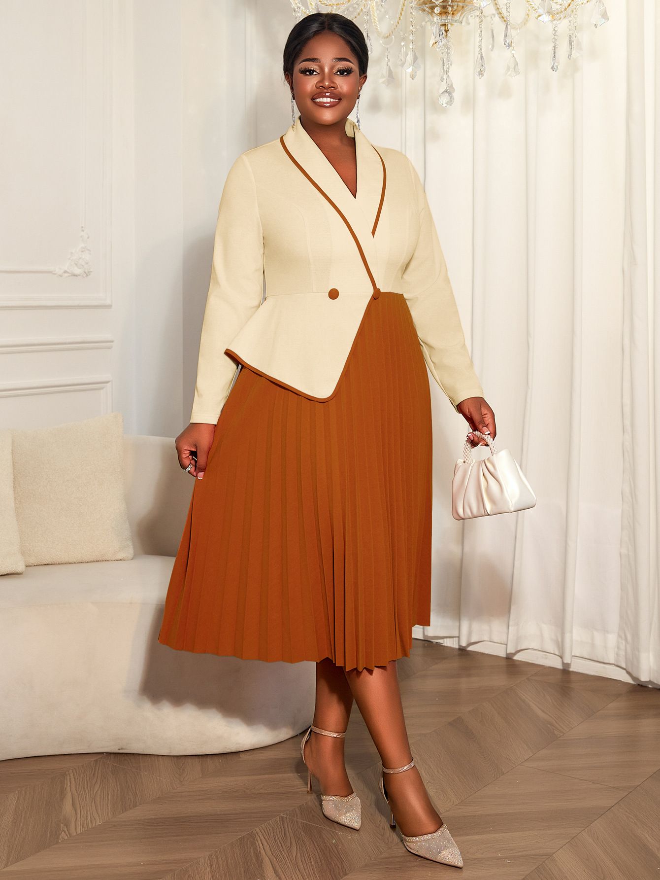 New product selection: plus size women's contrasting long sleeved fake two-piece dress with lapel style, commuting pleated skirt, office dress