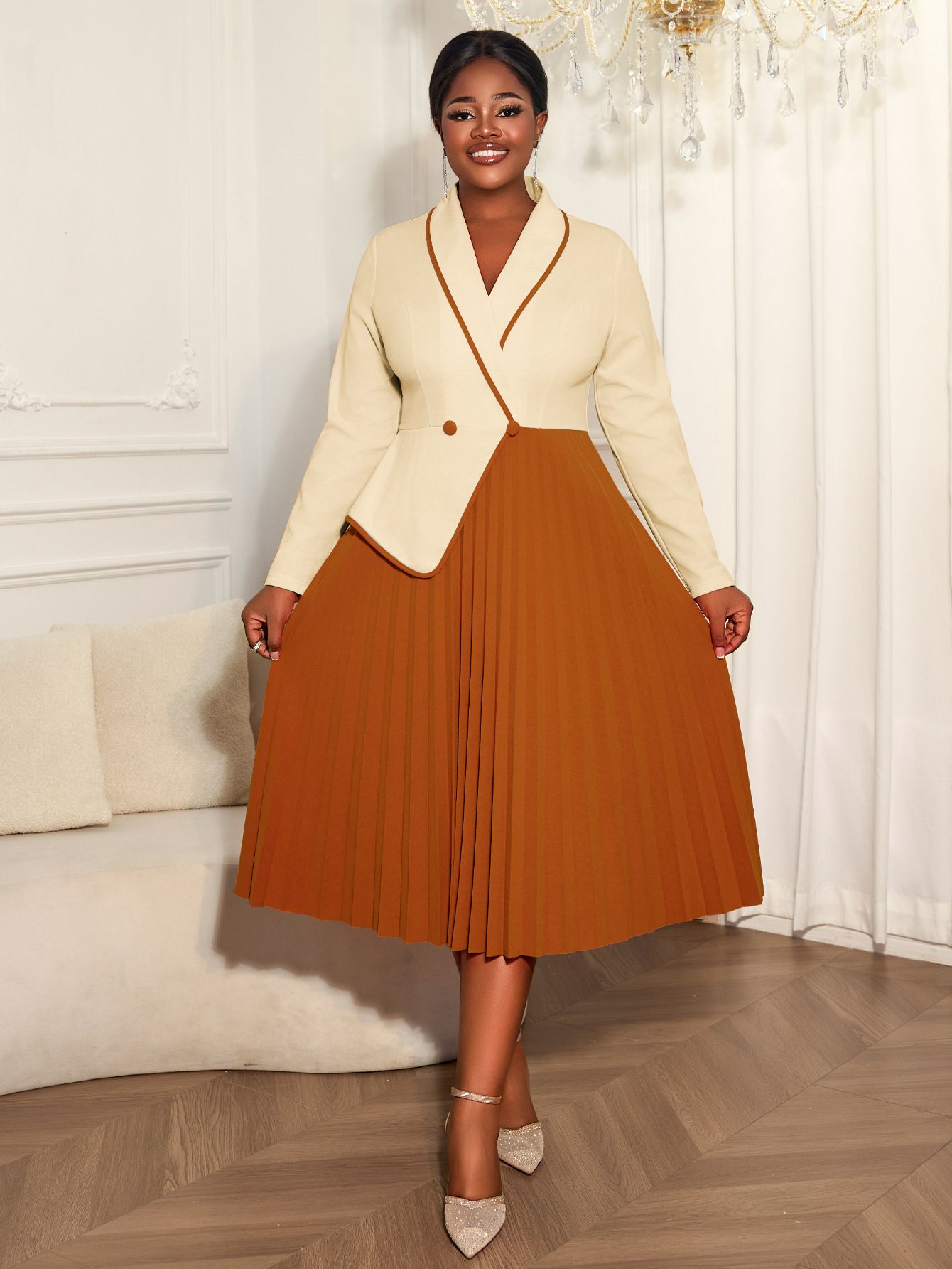 New product selection: plus size women's contrasting long sleeved fake two-piece dress with lapel style, commuting pleated skirt, office dress