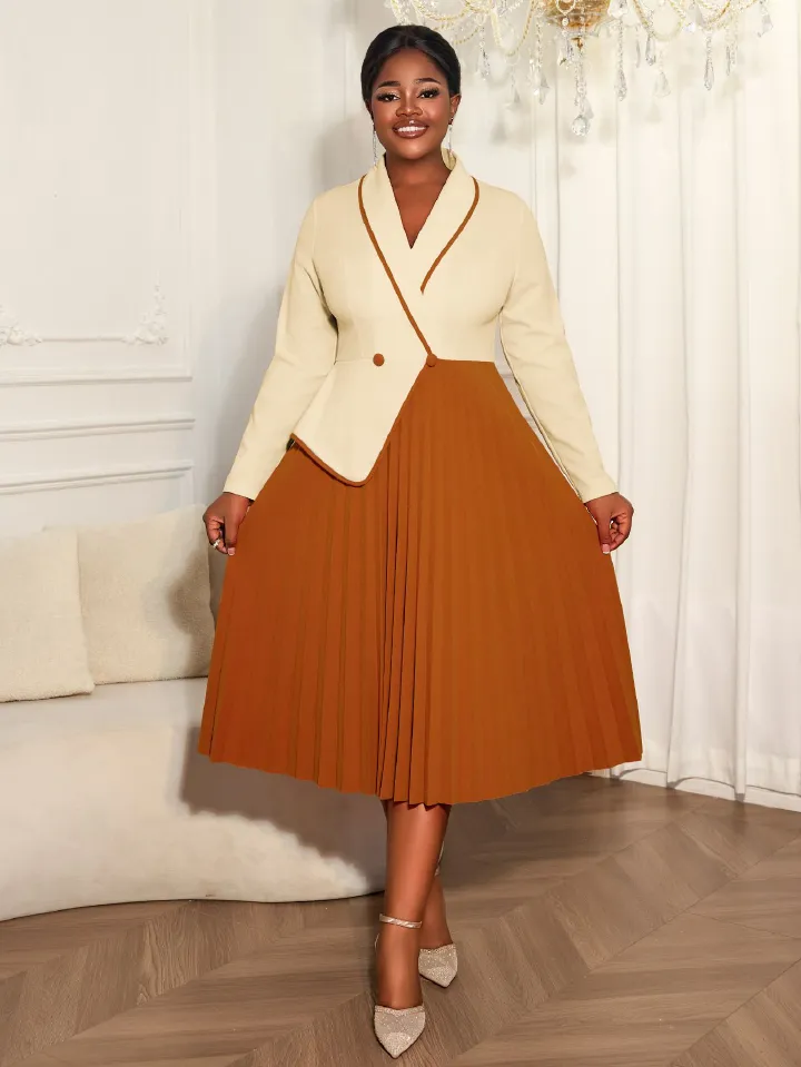 New product selection: plus size women's contrasting long sleeved fake two-piece dress with lapel style, commuting pleated skirt, office dress
