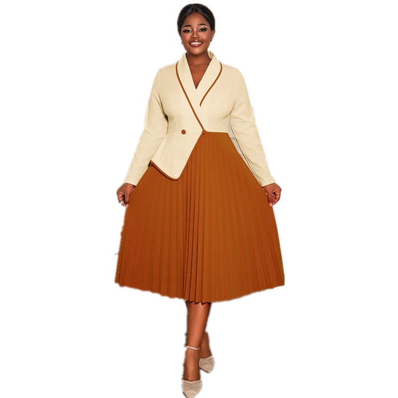 New product selection: plus size women's contrasting long sleeved fake two-piece dress with lapel style, commuting pleated skirt, office dress