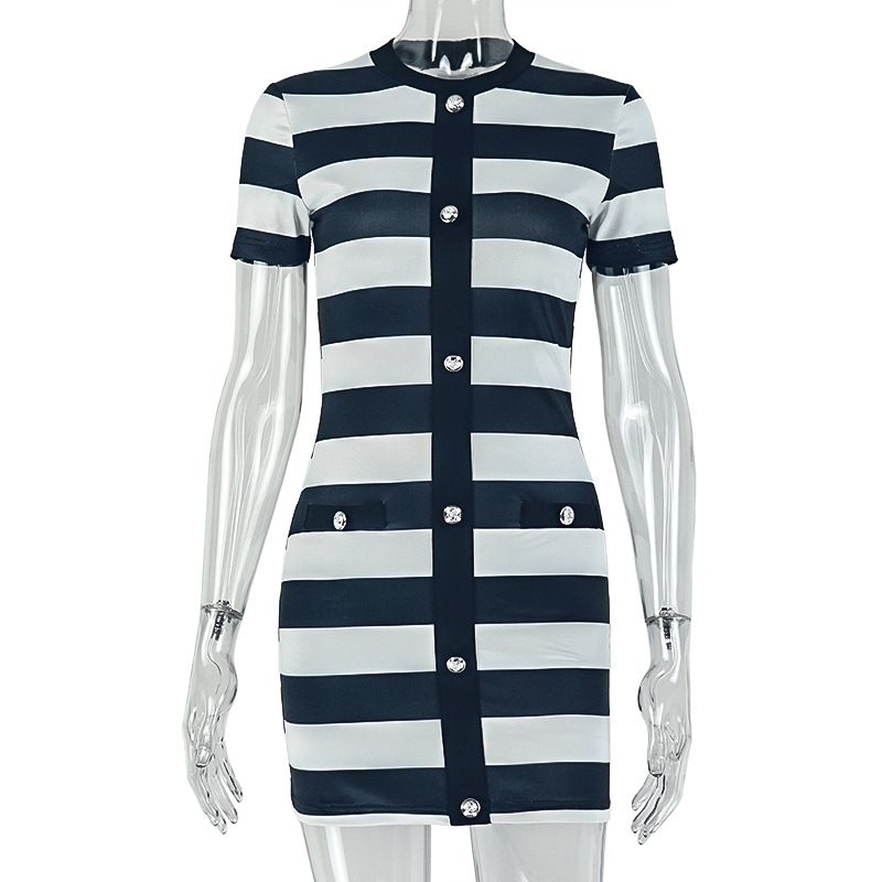 New product selection: European and American cross-border black and white women's striped printed button short sleeved bag skirt, round neck sexy slim fit trendy dress
