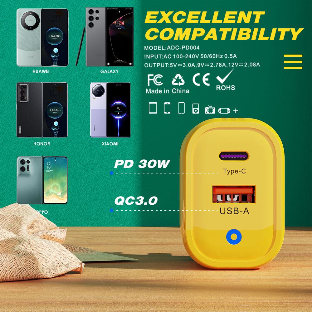 PD30W Head Super Flash Charging LED Light TYPE-C+USB Full Protocol British Standard Multi Port USB Charging Head