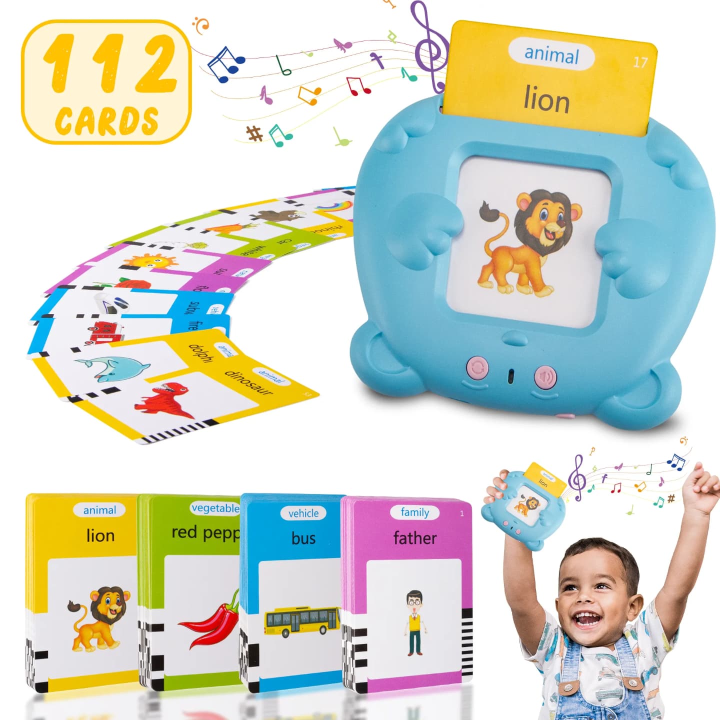Educational Toddler Toy Flashcards Device,WONFAST 112PCS Double-Sided Illustrations Words Audible Preschool Learning Flash Cards Reader for Kids Boys Girls Birthday Christmas Children Gifts