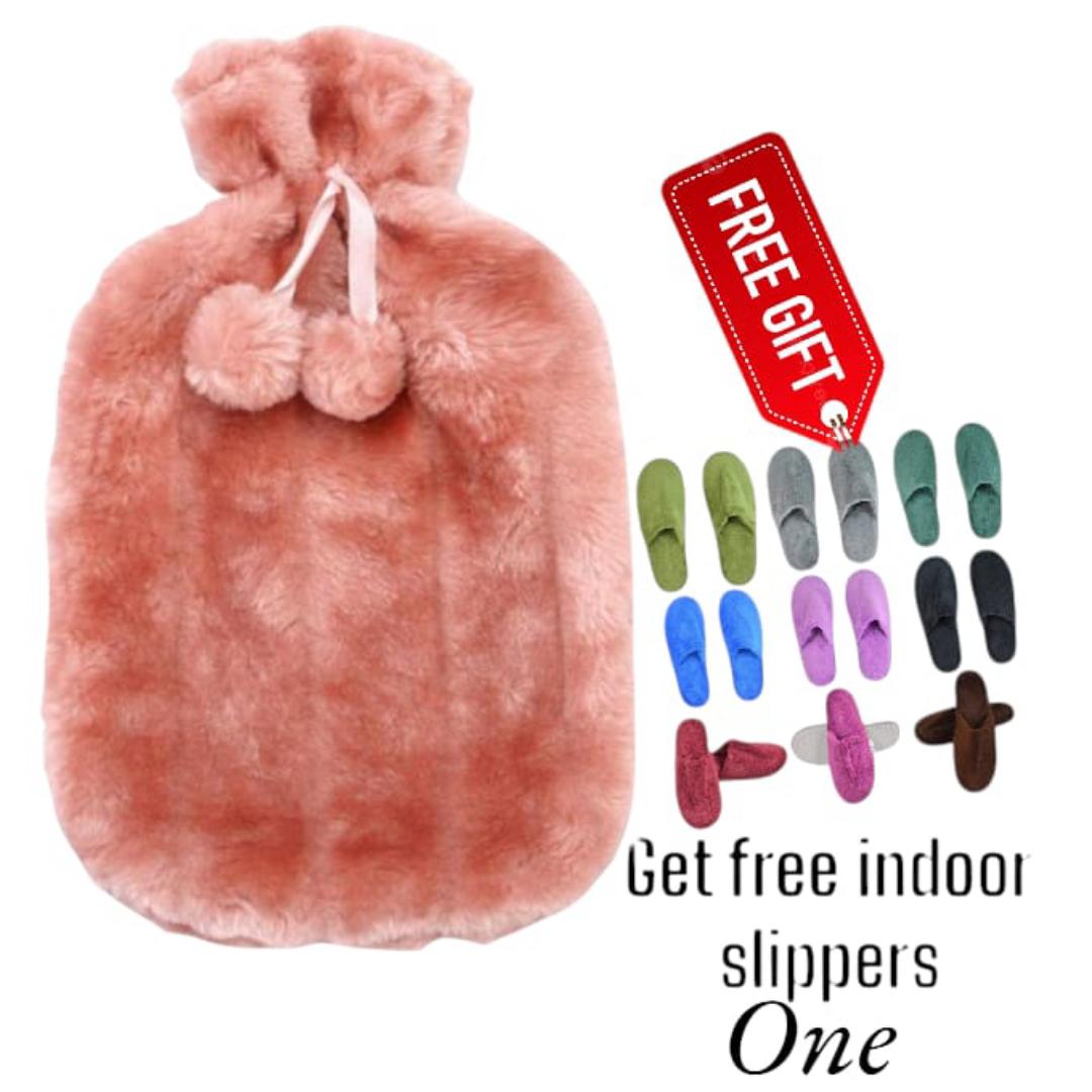 2L Hot Water Bottle With soft faux cover (rozy pink)+ FREE Cozy Indoor Slippers  Warmth Combo
