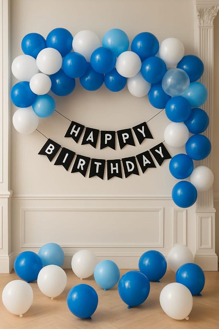 Limited time offer set of Birthday boy decorational set balloons 100pcs(white and blue), balloon pump ,ribbon ,glue dot(for sticking balloons on wall/ceiling) and birthday banner