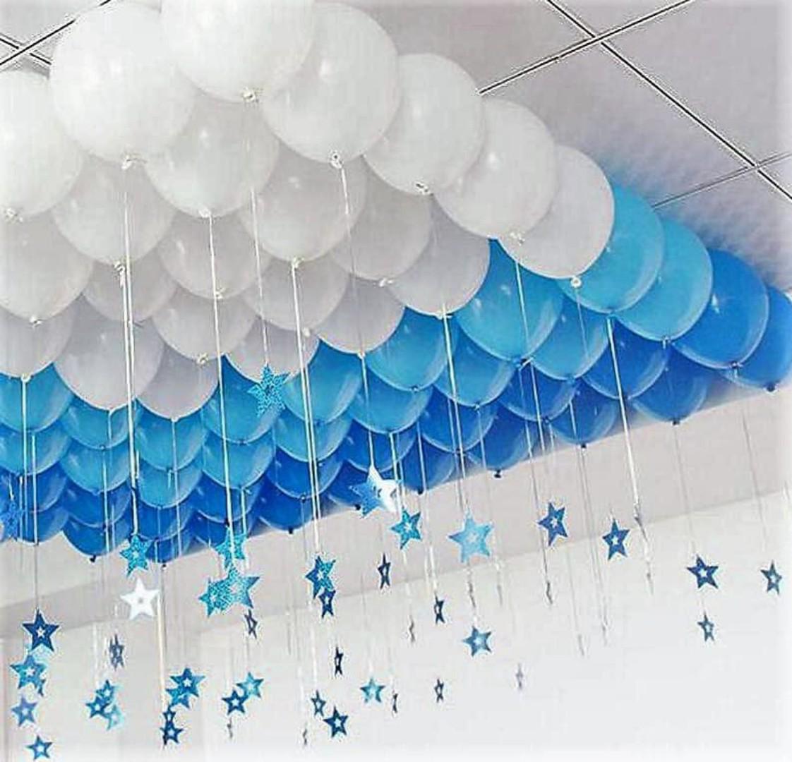 Limited time offer set of Birthday boy decorational set balloons 100pcs(white and blue), balloon pump ,ribbon ,glue dot(for sticking balloons on wall/ceiling) and birthday banner
