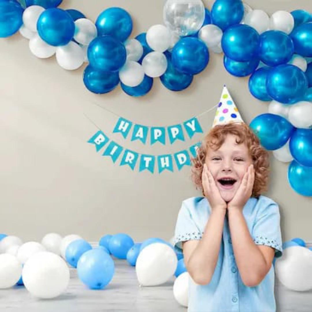 Limited time offer set of Birthday boy decorational set balloons 100pcs(white and blue), balloon pump ,ribbon ,glue dot(for sticking balloons on wall/ceiling) and birthday banner