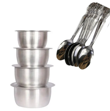 4Pcs Set Of Stainless Aluminum Sufuria cooking sufuria Size 1 2 3 4 plus free 6 spoons -without Lids