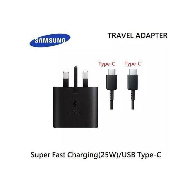Samsung Original 25W 3-PIN USB-C Type C Super Fast Charger + Type C to Type C Cable.