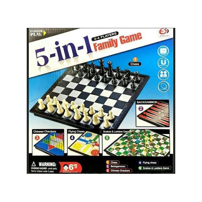 Family Game 5 in 1 Board Game-Chess, Snakes & Ladders, Flying Chess, Chinese Checkers & Backgammon